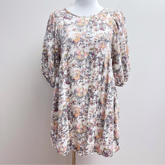 Ava James Multi Color Floral Print Puff Sleeve Linen Blend Mini Dress Medium - Picture 1 of 8